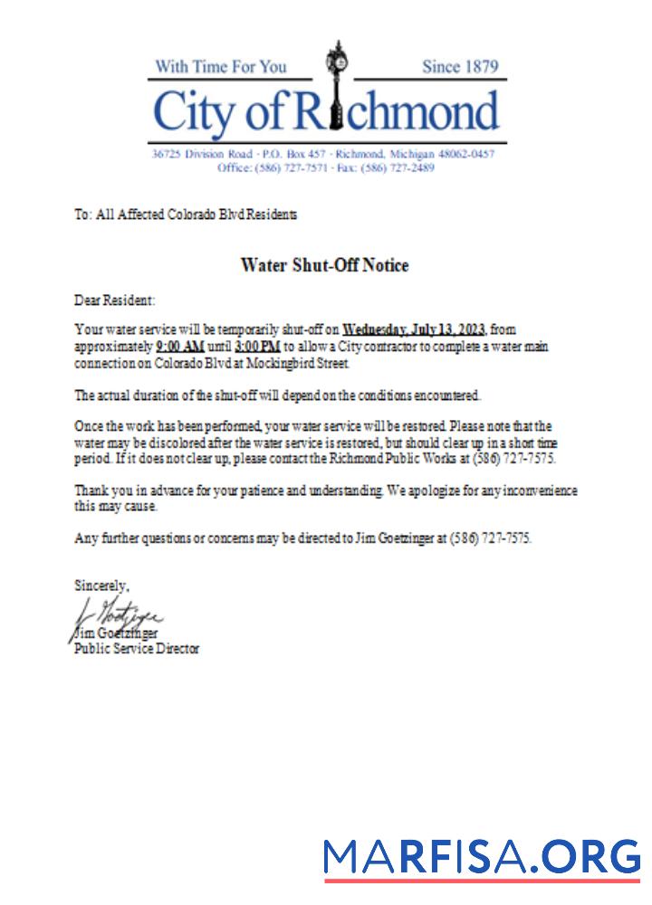 Downloadable Michigan City of Richmond water shut off notice utility business bill, SCR example